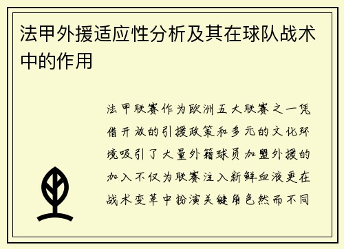 法甲外援适应性分析及其在球队战术中的作用